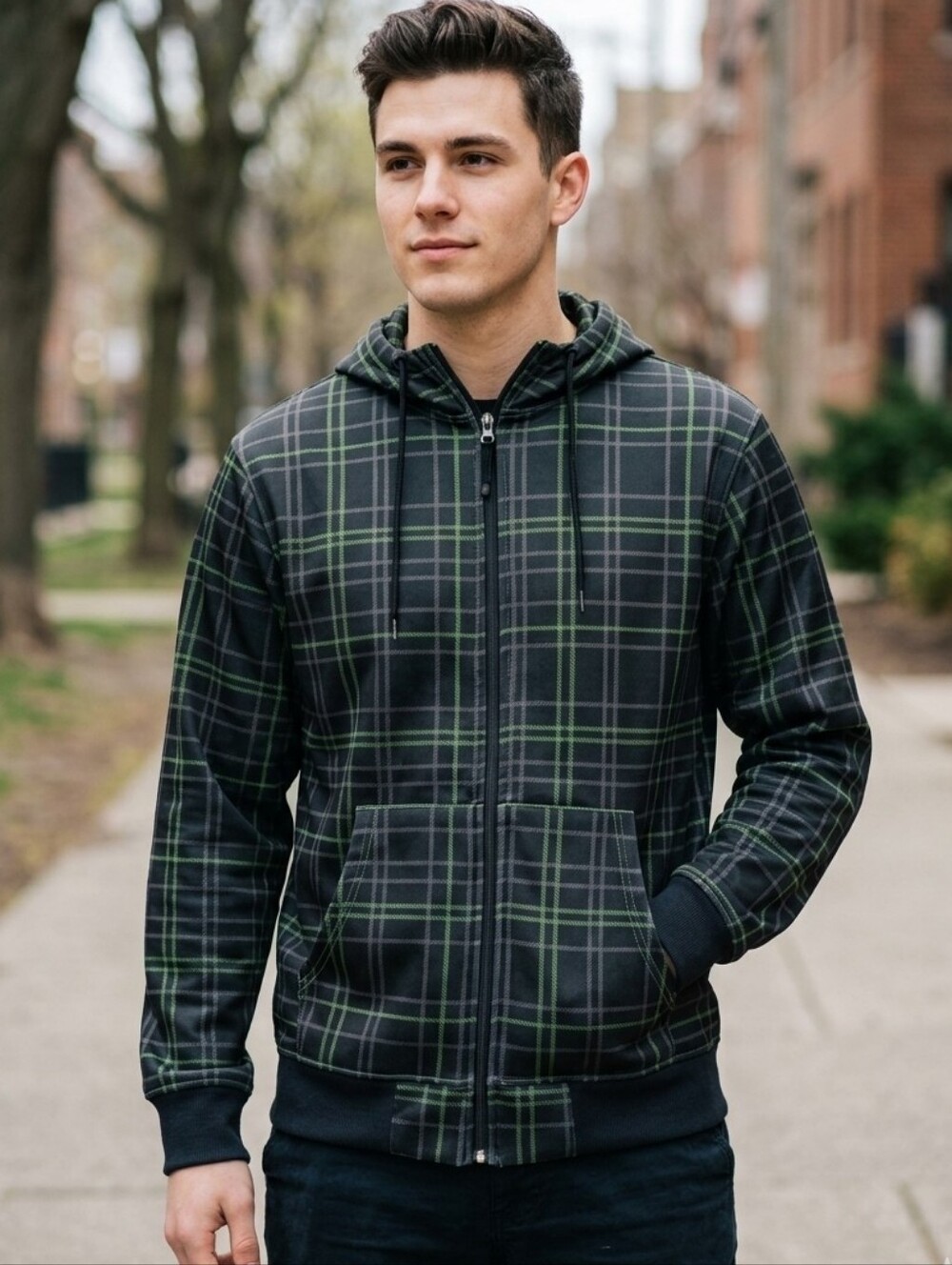 West 49th Plaid Full-Zip Hoodie Mens Jacket | Black Grey Lime Green Size Small